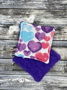 Pink Purple Blue Hearts on Purple Make-Up Remover Pads